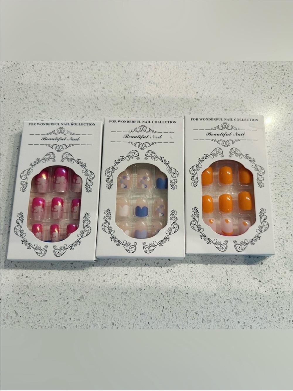 3-Pack Women’s Press-On Nail Set — Pink, Blue & Orange Styles